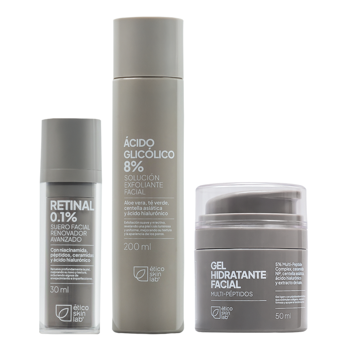 Kit Renovador Avanzado (Retinal 0.1% + Ácido Glicólico 8% + Gel Multi-Péptidos)
